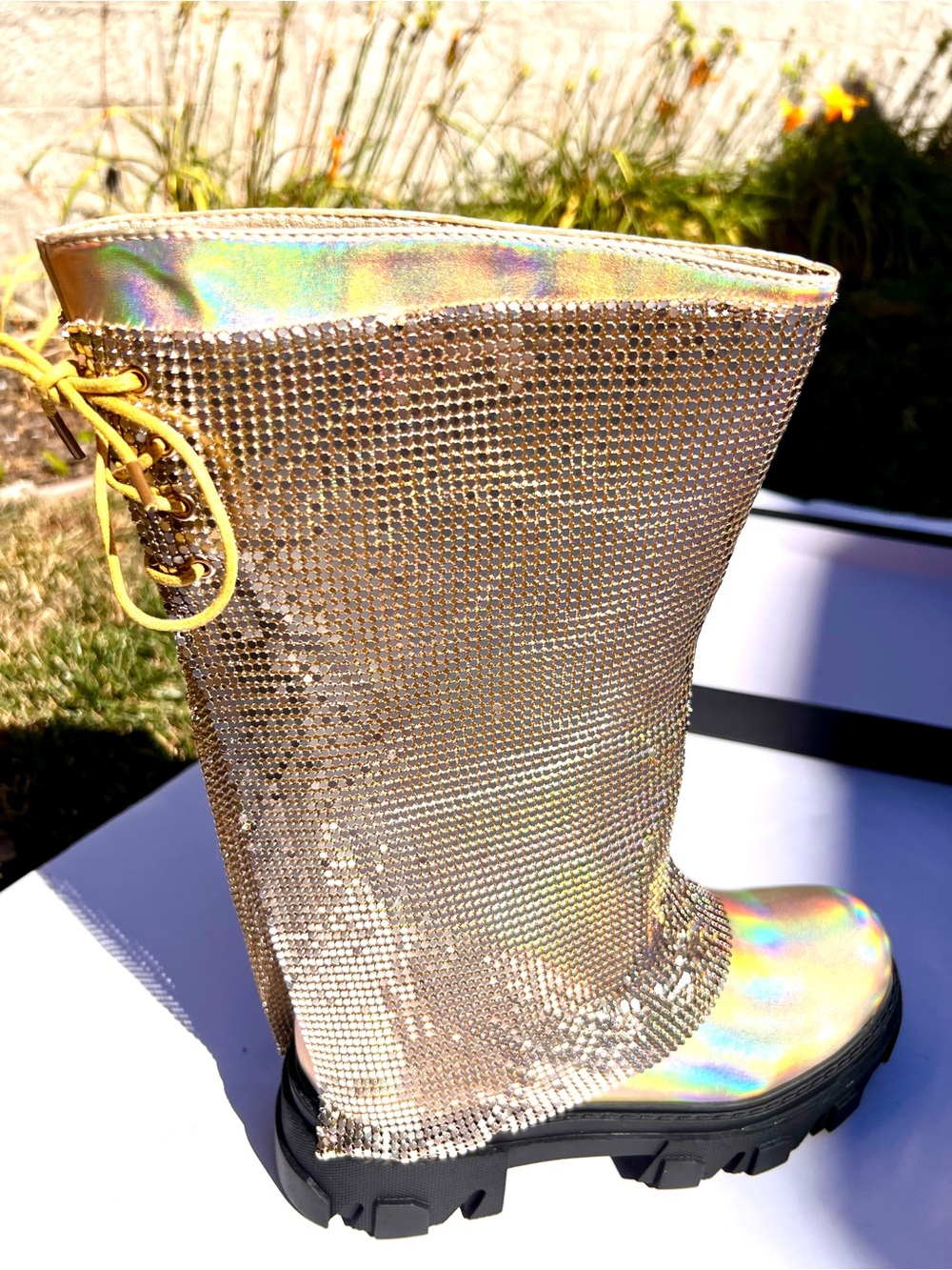 Gold Rave Chain Boots- Holographic Chunky Lug Metallic Iridescent Shark Booties